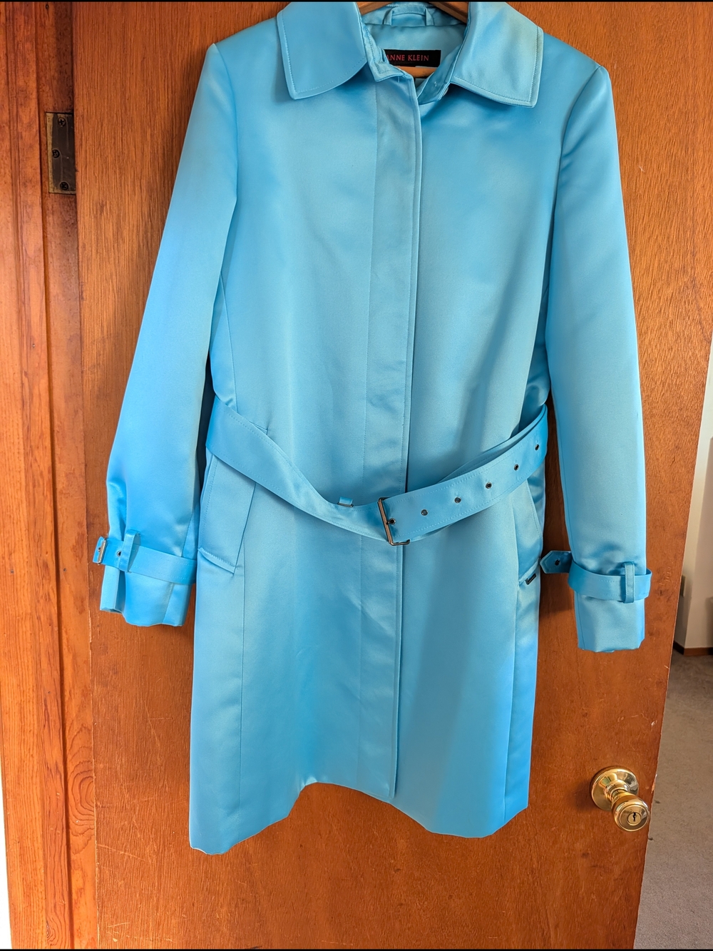Anne Klein Turquoise Blue Satin Belted Trench Coat Size 6 Flawed New Without Tag